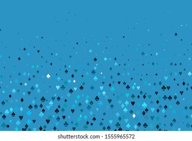 Light Blue, Green vector texture with playing cards. Blurred decorative design of hearts, spades, clubs, diamonds. Pattern for booklets, leaflets of gambling houses.