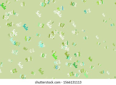 Light Blue, Green vector texture with selling prices 30, 50, 90 %. Colored words of sales with gradient on white background. Backdrop for mega promotions, discounts.