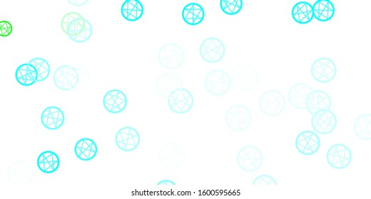 Light Blue, Green vector texture with religion symbols. Illustration with magical signs of spiritual power. Simple base for your occult design.