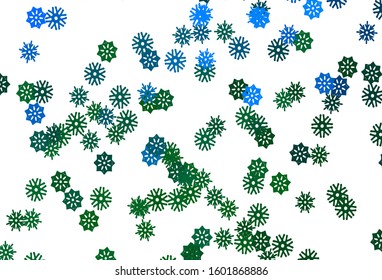 Light Blue, Green vector texture with colored snowflakes. Blurred decorative design in xmas style with snow. The pattern can be used for new year leaflets.
