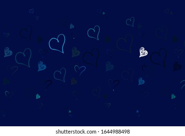 Light Blue, Green vector texture with lovely hearts. Shining illustration with hearts on abstract template. Pattern for carnival, festival romantic leaflets.