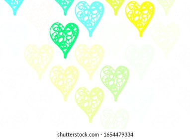 Light Blue, Green vector texture with lovely hearts. Illustration with shapes of gradient hearts on blur backdrop. Template for Valentine's greeting postcards.