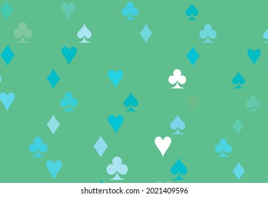 Light Blue, Green vector texture with playing cards. Colorful gradient with signs of hearts, spades, clubs, diamonds. Template for business cards of casinos.