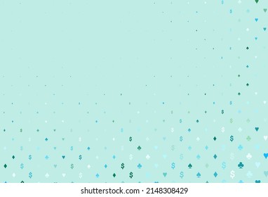Light blue, green vector texture with playing cards. Colorful gradient with signs of hearts, spades, clubs, diamonds. Pattern for leaflets of poker games, events.
