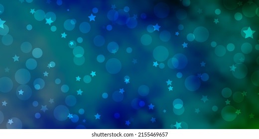 Light Blue, Green vector texture with circles, stars. Colorful disks, stars on simple gradient background. Design for wallpaper, fabric makers.