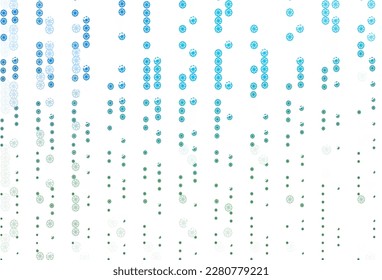 Azul claro, textura vectorial verde con copos de nieve de color. Ilustración decorativa brillante con nieve sobre plantilla abstracta. El patrón se puede usar para año nuevos sitios web.
