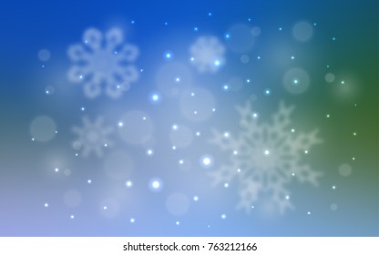 Light Blue, Green vector texture with colored snowflakes. Snow on blurred abstract background with gradient. The pattern can be used for new year ad, booklets.