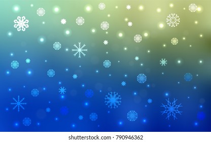 Light Blue, Green vector texture with colored snowflakes. Shining colored illustration with snow in christmas style. New year design for your business advert.