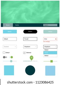 Light Blue, Green vector ui kit with clouds & stars. Simple Material Design Kit with colorful clouds in header. This template you can use for websites.