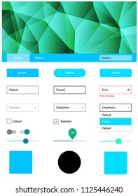 Light Blue, Green vector ui kit in polygonal style. Simple Material Design Kit with colorful mosaic of triangles. This template you can use for landing pages.