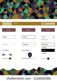 Light Blue, Green vector ui ux kit in triangular style. Colorful ui/ux kit with header consisted of triangles. Modern template for your landing page.