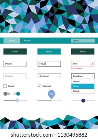 Light Blue, Green vector ui kit in polygonal style. Web ui kit with abstract gradient triangles in its header. This template you can use for websites.