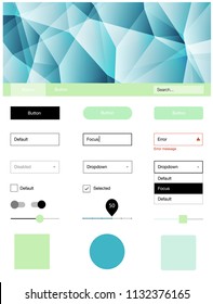 Light Blue, Green vector ui ux kit in triangular style. Colorful ui/ux kit with header consisted of triangles. Simple colorful design for websites.