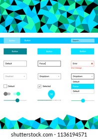 Light Blue, Green vector ui ux kit in triangular style. Colorful Style guide with triangles on abstract background. This template you can use for landing pages.