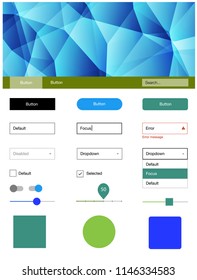 Light Blue, Green vector ui ux kit in triangular style. Colorful Style guide with triangles on abstract background. This template you can use for landing pages.