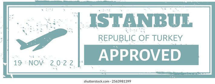 Light blue grunge approved passport stamp from Istanbul, Republic of Turkey, featuring an airplane silhouette and the date 19 November 2022