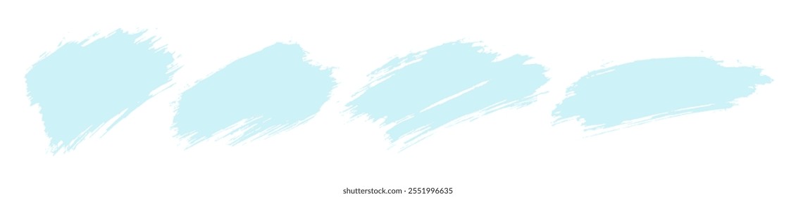 Light blue grungy brush stroke splatters. Vector set of grunge brushstrokes. Abstract winter pale blue spots, dabs, daubs and splashes on transparent white bg. Pale ink paint stain. Snow smear frames