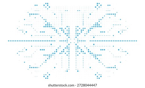 Hellblaues Halbtonsymmetrisches digitales Netzwerkmuster mit schwebenden Pixelelementen für die Softwareentwicklung - Vektorgrafik