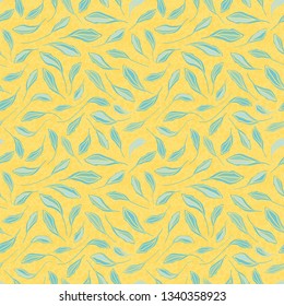 Light blue hand drawn leaves on textured yellow background. Seamless vector repeat pattern with modern fresh vibe. Great for wellbeing, organic, beauty, spa products, homedecor, giftwrap, stationery