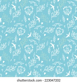 Light blue hand drawn seamless pattern with green weed, red flowers and birds.