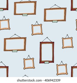Light blue hand drawn seamless pattern with easels. Decorative vector ornamental background with picture frames. Can be used for textile design, bag template, packaging.