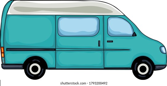 Light blue hand drawn van, isolated on white background. Vector Illustration. 
