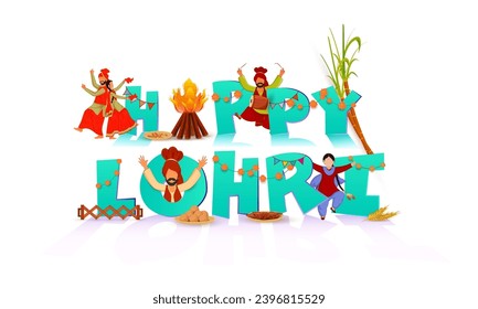 Light Blue Happy Lohri Font with Bonfire, Sugarcane, Music Instrument, Sweet Plates, Wheat Ear and Punjabi People Doing Bhangra on White Background.