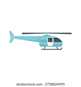 Light blue helicopter hovering in the air with rotating blades