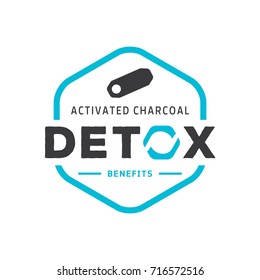 light blue hexagonal detox benefits of activated charcoal logo with gastro icon and carbon stick