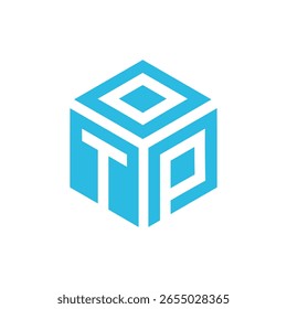 Um logotipo hexagonal azul claro, utilizando uma perspectiva 3D para formar as letras "T", "O" e "P" dentro de sua estrutura