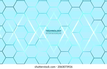 Light blue hexagonal technology vector abstract background. Blue bright energy flashes under hexagon in technologies futuristic modern background vector illustration. Light honeycomb texture grid.