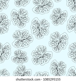 Light Blue Hibiscus flower print. Gorgeous nasturtium. Floral Pattern. Trendy seamless background. Fashion Texture. Line drawing. Vector botanical illustration for fabric, wrapping and other design. 