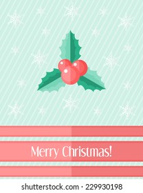 Light blue holiday Christmas card with holly berry and red ribbons