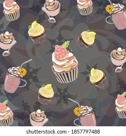 Light blue holiday illustration background with cup of coppuccino and muffins