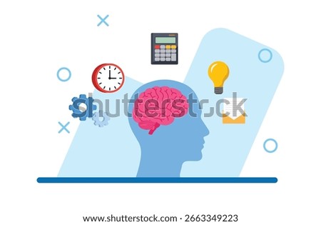 Light blue human head silhouette displays a pink brain surrounded by a clock, gears, a calculator, lightbulb, and mail, symbolizing ideas and efficiency against a clean white backdrop