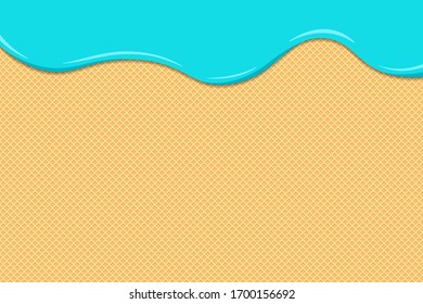 Light blue ice cream melt and flow on toasted waffle surface. Glazed wafer texture sweet cake background. Vector eps illustration