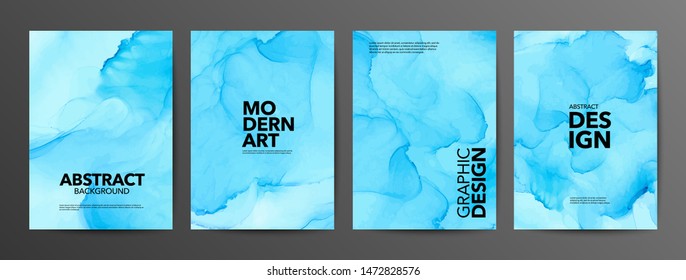 Light blue ink vector textures backgrounds set. Ink colors are bright, luminous, translucent, free-flowing. Abstract backdrop with text space. Paint mixing, fluid art. Modern art book