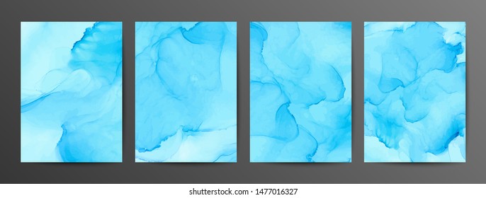Light blue ink vector textures backgrounds set. Ink colors are amazingly bright, luminous, translucent, free-flowing. Paint mixing, fluid art. Modern art book, magazine cover, poster, flyer