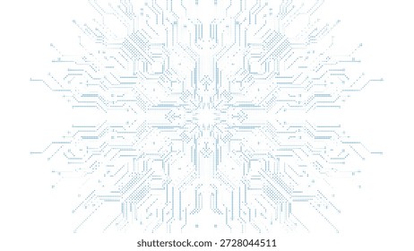 Light Blue Intricate Halftone Snowflake Pattern with Digital Circuit Board Details for Winter Tech Promotions and Web Backgrounds Vector Illustration