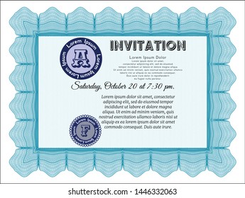 Light blue Invitation. Complex background. Detailed. Money Pattern. 
