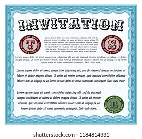 Light blue Invitation. Detailed. With great quality guilloche pattern. Money Pattern. 