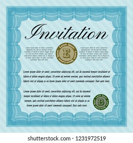 Light blue Invitation. Detailed. With guilloche pattern and background. Modern design. 