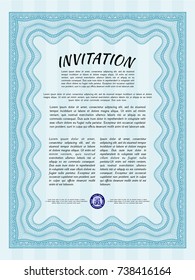 Light blue Invitation. Detailed. With guilloche pattern and background. Good design. 