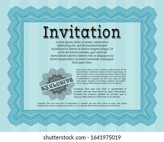 Light blue Invitation. Elegant design. With guilloche pattern and background. Detailed. 