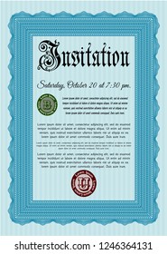 Light blue Invitation. Excellent design. With guilloche pattern and background. Vector illustration. 