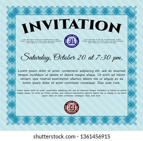 Light blue Invitation. With great quality guilloche pattern. Vector illustration. Beauty design. 
