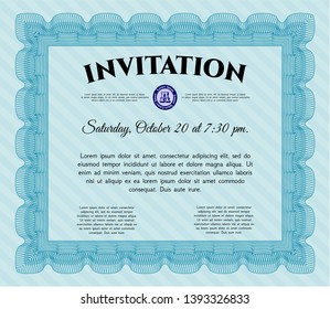 Light blue Invitation. With great quality guilloche pattern. Modern design. Detailed. 