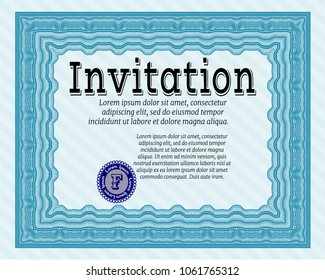 Light blue Invitation. With guilloche pattern. Vector illustration. Good design. Light blue Invitation. With guilloche pattern. Vector illustration. Good design.
