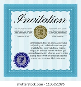 Light blue Invitation. With guilloche pattern and background. Detailed. Good design. 