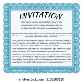 Light blue Invitation. With guilloche pattern. Elegant design. Detailed. 